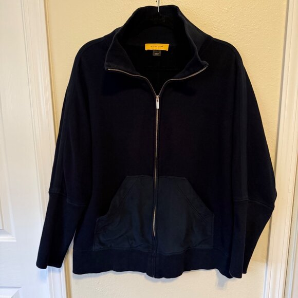 ST. JOHN Front Zip High Collar Cotton Knit Datk Navy Cardigan Front Pockets Sz L - Picture 3 of 6